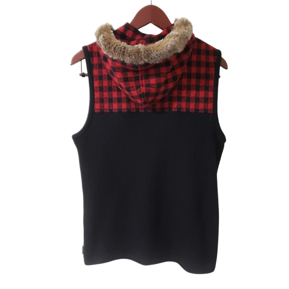 Woolrich Womens Buffalo‎ Plaid Lambswool Sweater Vest Faux Fur Hood Sz Medium
